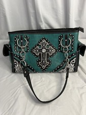 Western Embroidered Turquoise Black Rhinestone Cross Bling Purse
