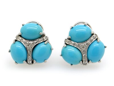 18k White Gold Oval Turquoise Round Diamond Cluster Stud Earrings