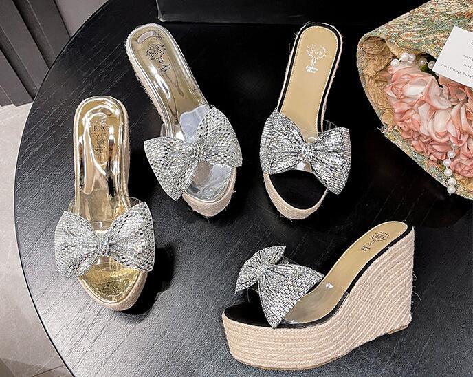 PANTOFOLA D’ORO Pantofole donna moda punta aperta diamante nodo con fiocco espadrillas zeppa tacchi alti