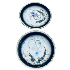 VTG 2 Maruku China Dragonware Moriage Teacup Saucers Black Grey Dragon Japan