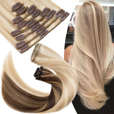 Clip in Human Hair Extensions Balayage Remy Echthaar Haarverlangerung 8 Tressen