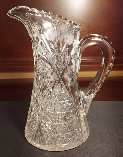 Antique American Brilliant Harvard Pattern Cut Crystal Pitcher-10"- Beautiful!