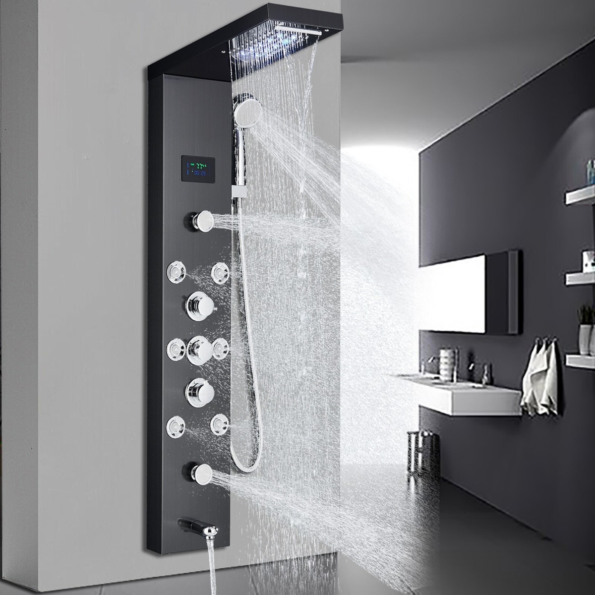 LED Shower Panel Tower System With Temperature Display, 304 Stainless Steel 5 Function Shower