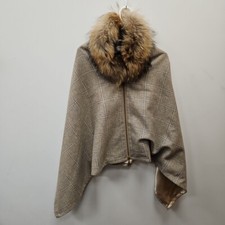 Holland Cooper Tweed Country Wool Cape Poncho Fur Collar And Tassel One Size