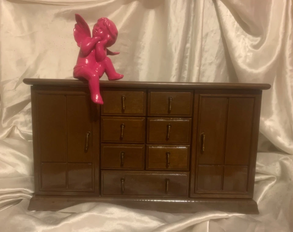Vintage Rare Large Wooden Dresser 15 Drawer Jewelry Box Blue Velvet Felt