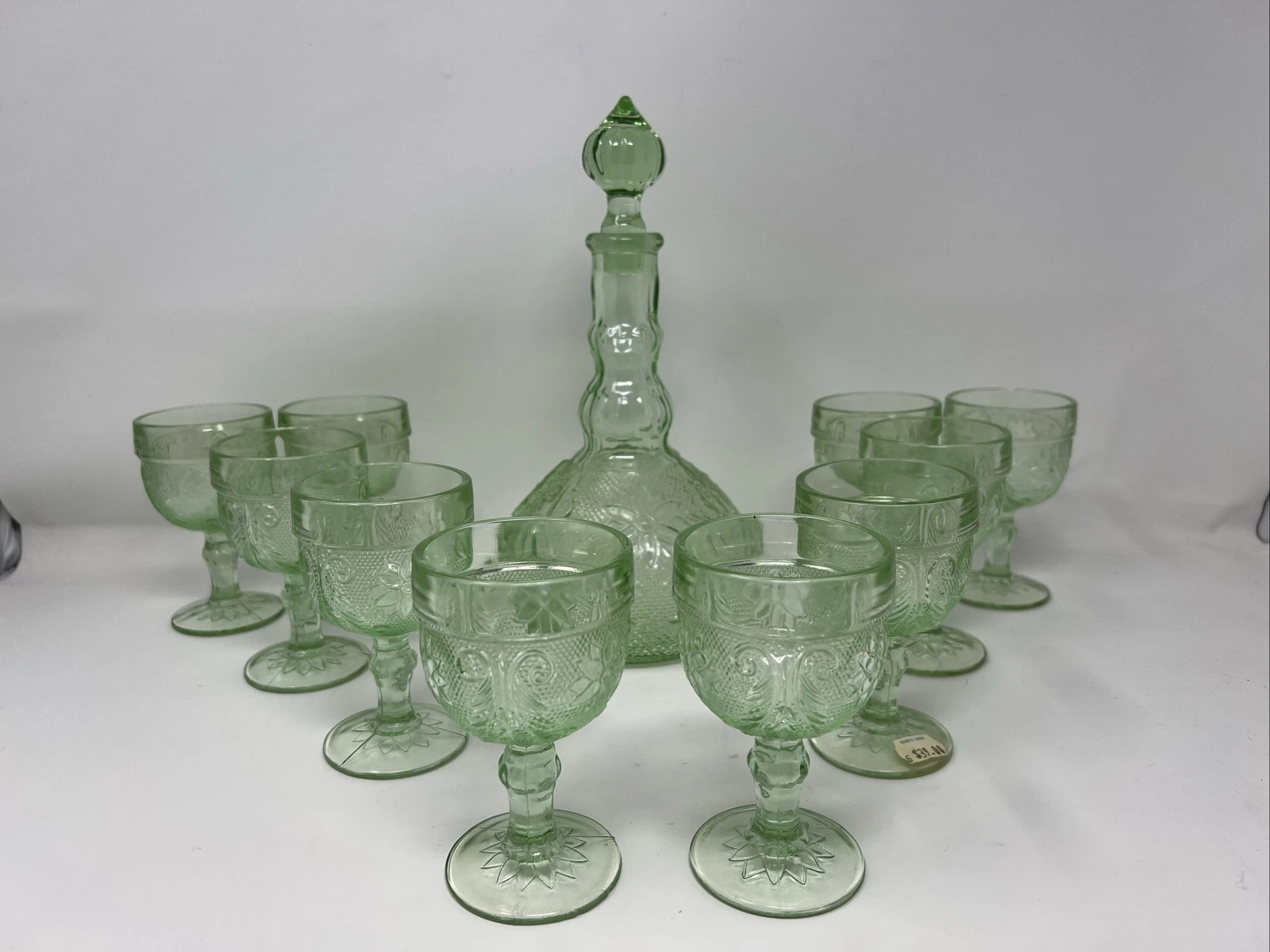 Vintage 1970s Indiana Tiara Wine Decanter Set Chantilly Green Sandwich Glass