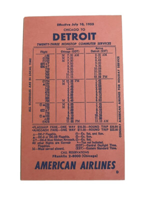 American Airlines Detroit Chicago 1955 Schedule FRanklin 2-8000 Fares 11.00
