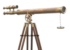 Antique Nautical Floor Standing Brass Telescope With Wooden Tripod Stand 64 Inch
