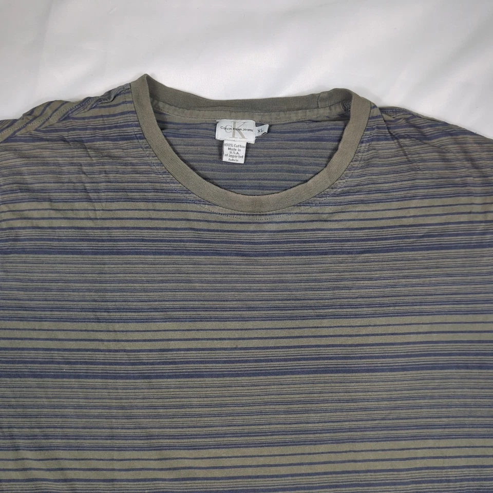 CALVIN KLEIN JEANS Vtg 90s Y2k Olive Green Striped Crew T-SHIRT Men's M L - Image 2 of 4