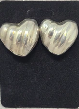 925 Sterling Silver Puffy Heart Clip-On Earrings Vintage Modernist