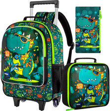 3PCS Rolling Backpack for Boys, Roller School Backpack with Wheels, Kids Dinosau