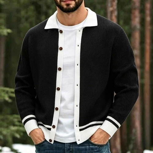 Men Lapel Knit Cardigan Sweater Jacket Fashion Casual Button‑Down Outerwear