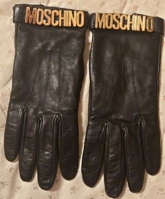 Moschino Made in Italy Black Nappa Leather Gold Big Logo gloves black size 7 .5