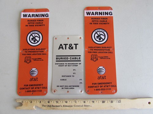 Vintage AT&T Aluminum Buried Fiber Optic Cable Location Warning Signs USED (3)