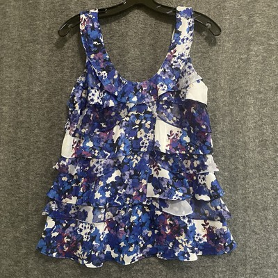 #ad White House Black Market Top Women S Blue Floral Tiered Ruffle Sleeveless Blouse $18.99