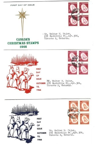 1966 Canada - 3x Toronto, Ont. 3c/5c Christmas Stamps FDC's Blocks of 4 -Cachets