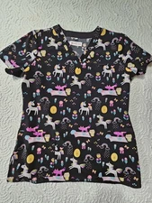 White Cross Scrub Top Women's Small Cotton Unicorn Print Muticolor Preowned