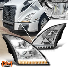 For 18-24 Volvo VNL VNR LED DRL Sequential Amber Turn Signal Headlights Chrome