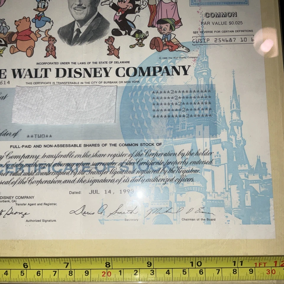 CERTIFICADO DE STOCK WALT DISNEY COMPANY 1993 DE COLECCIÓN. 2 ACCIONES ORIGINALES COTIZADAS ENMARCADAS Foto 4 de 4