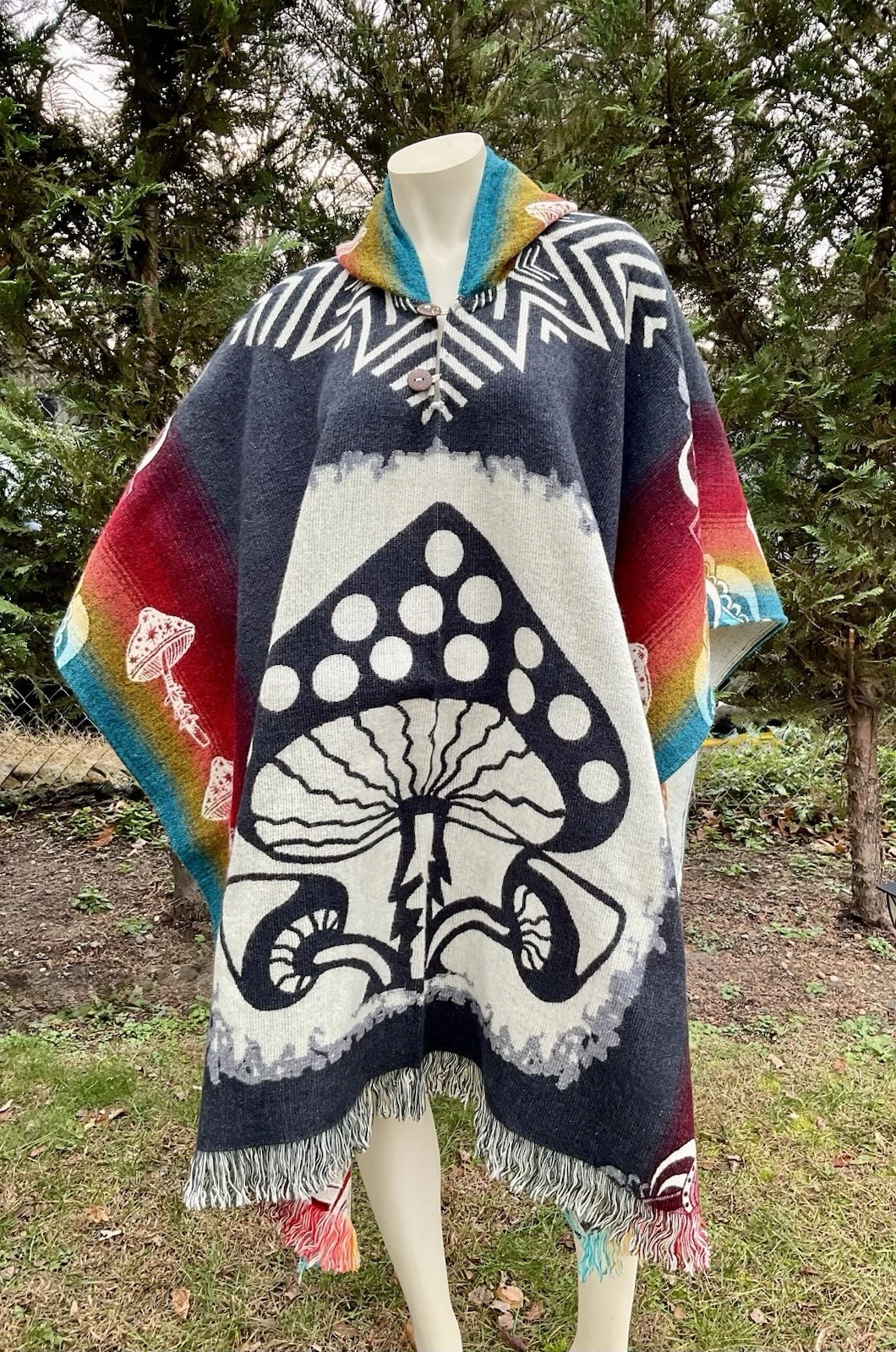 HANDMADE ALPACA WOOL PONCHO, Mushroom, Dark Gray, Soft & Warm, Made In Ecuador
