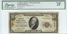 1929 $10 Sm Size Ntl. Bank Note, Peoples-First Ntl Bank Charleston, SC Legacy 25
