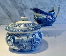 Staffordshire Woodman Transferware Cream Sugar Shell handles c. 1810