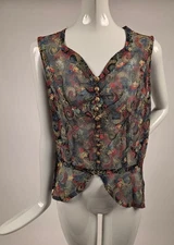 COLORFUL 1930’S EMBROIDERED NET BLOUSE W GOLD TONE BUTTONS