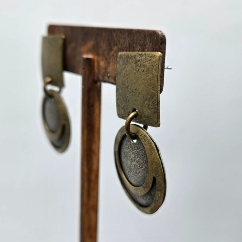 MB SF Marjorie Baer Modernist Metal Earrings Pierced Brutalist Brass Silver Tone - Picture 3 of 7
