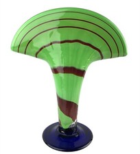 Hand Blown Green Stretch Art Glass Fan Vase Cobalt Blue Pedestal Base 11.25"