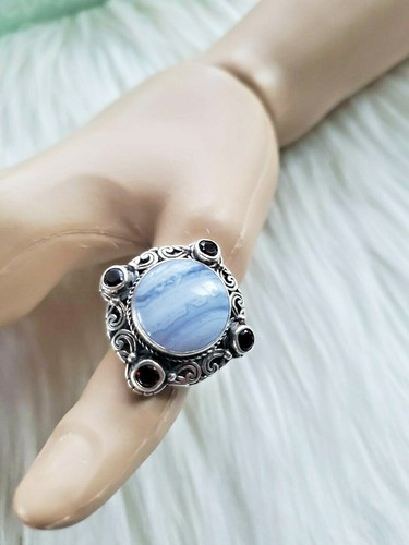 Sterling Silver 925 Ornate Blue Lace Agate Garnet Chunky Ring Jewelry $178 - Picture 9 of 9