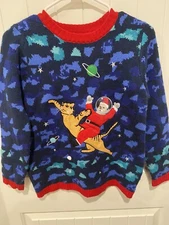 33 Degrees Santa riding cat outerspace ugly Christmas sweater holiday Women M