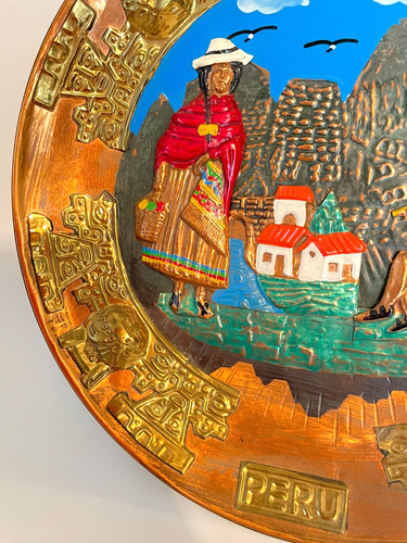 Vintage Peruvian Peru Copper Metal Colorful Wall Hanging Plate Artisan Made 9" - Picture 3 of 5