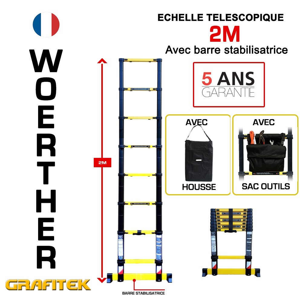Échelle pliante Woerther 2m ultra stable avec sacoche porte-outils et housse