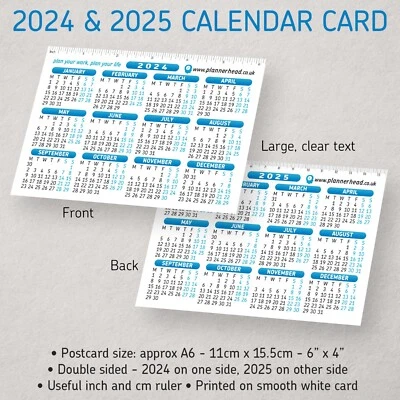 PLANNERHEAD 2024 & 2025 Calendar Planner Card 6"x4" Postcard ✔2 Years Large Text White Card