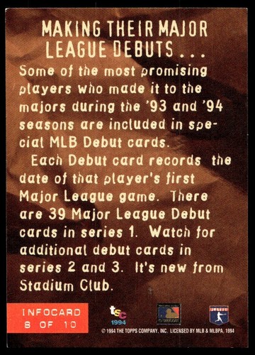 1994 Stadium Club Info Cards ML Debut #8 - Picture 2 of 2