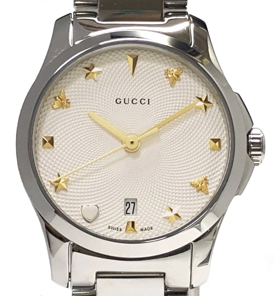 Authentic GUCCI G Timeless Watch YA126572 guilloche 126.5 Silver 1.06in Women