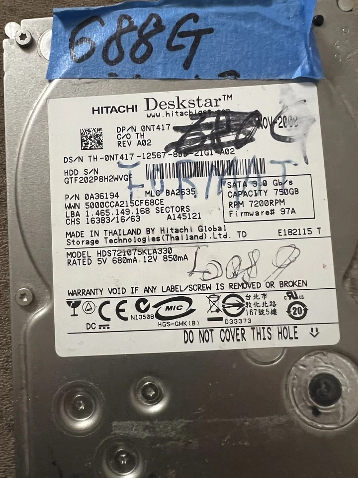 Hitachi HDS721075KLA330 PN:0A36194 MLC:BA2635 750gb 3.5" Sata HDD - Image 3 of 3