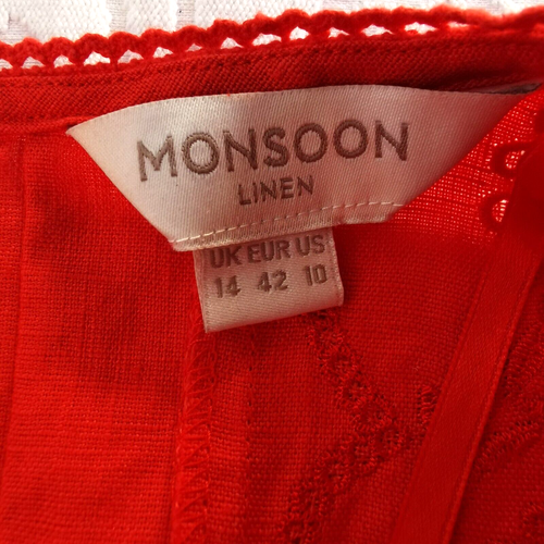 Monsoon Sleeveless Linen Shift Dress Size 14 Orange Embroidered Lace - Picture 2 of 11