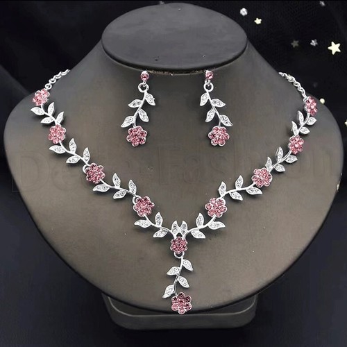 NEU 2tlg. Schmuckset ROSA Blüte COLLIER Braut HALSKETTE Hochzeit OHRRINGE Strass - Bild 5 von 8