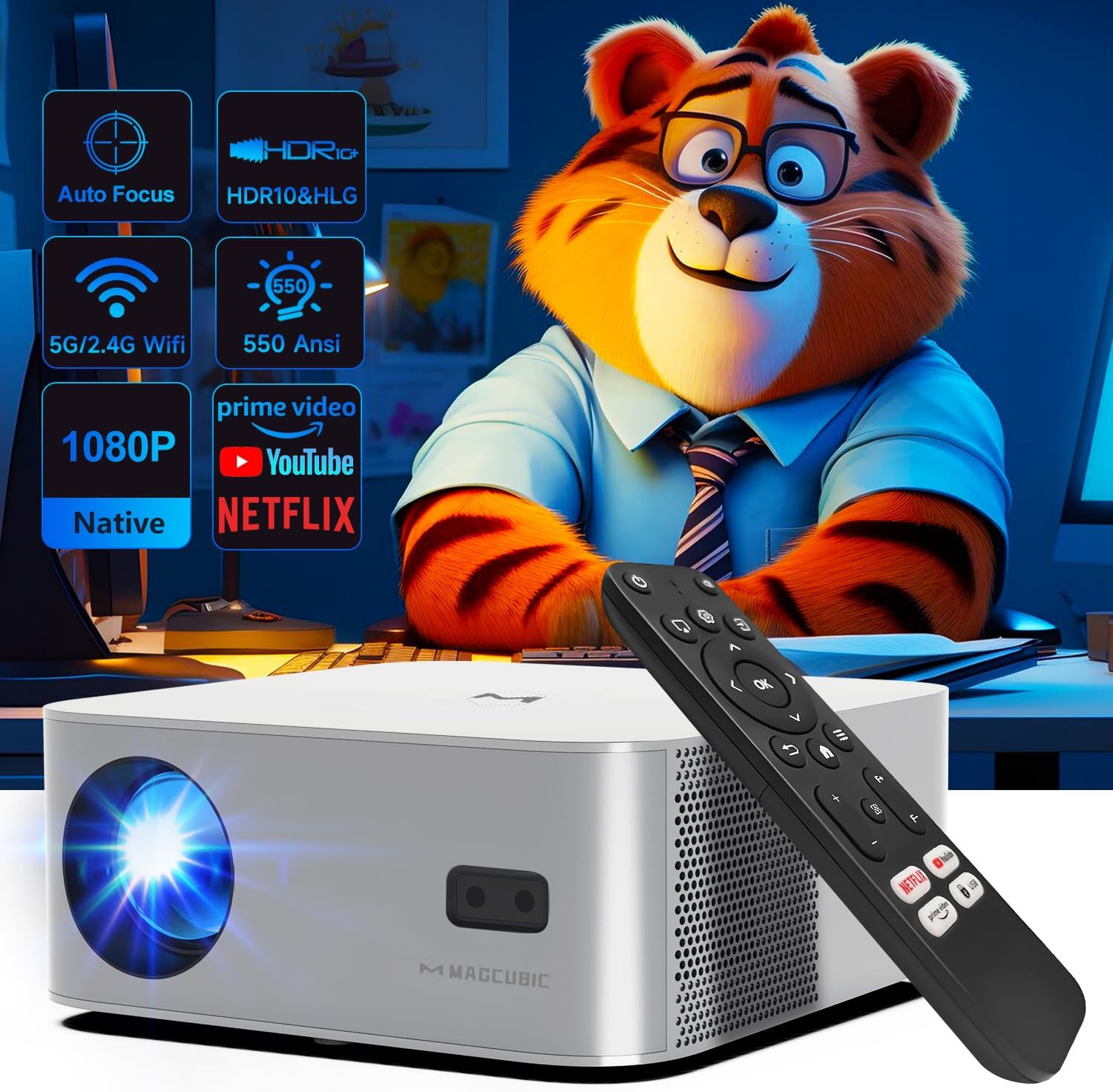 Vidéoprojecteur 1080P Bluetooth 5.2 avec mise au point automatique intelligente