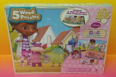Disney Frozen 5 Wood Puzzles Doc McStuffins in Wood Storage Box Brand New Sealed