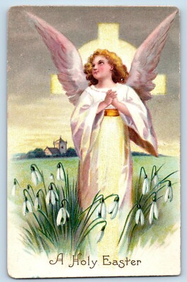 Easter Postcard Holy Angel Cross Lilies Flowers Clapsaddle Embossed 1909 Posted