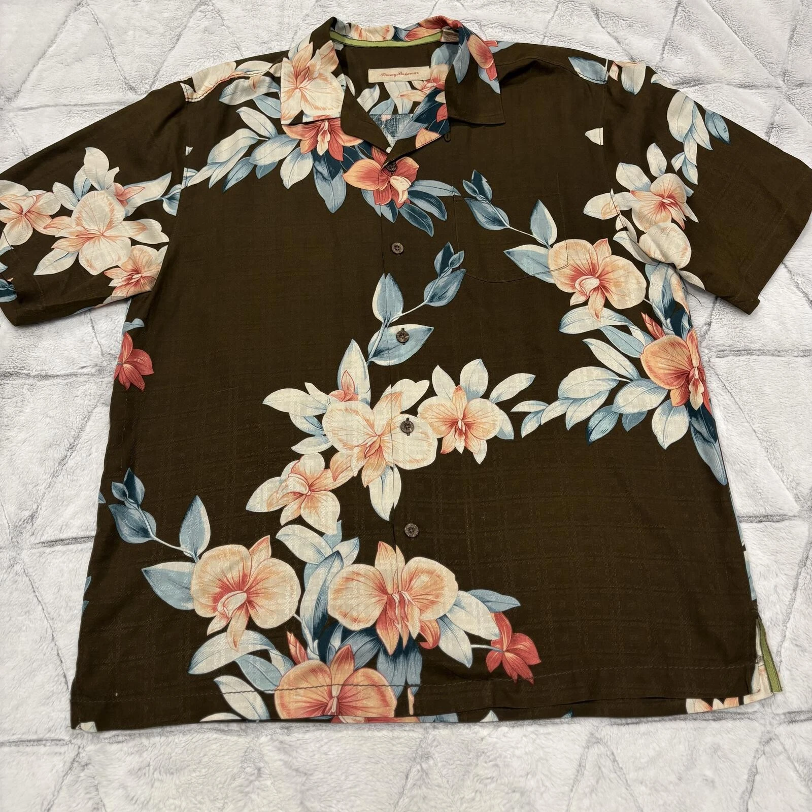 Tommy Bahama Silk Men's Large Floral Hawaiian Shirt Brown Relaxed Fit
