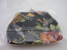 Floral Kiss Lock Coin Purse Black Cloth Wallet Vintage Style Rose Change Pouch