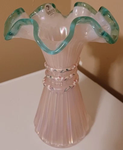 Fenton 7.5" Champagne Pink Wheat Hand Painted Green Ruffle Vase, Signed