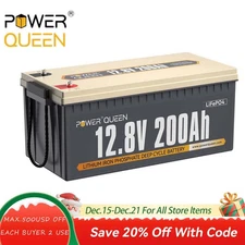 Power Queen 12V 200Ah LiFePO4 Lithium Battery 2560Wh w/BMS for Solar RV Marine