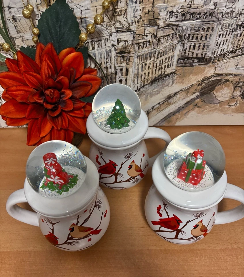 Temptations Set of 3 JOY Cardinal Seasonal   Mugs With Snow Globe Lids. EUC. - Image 2 of 4