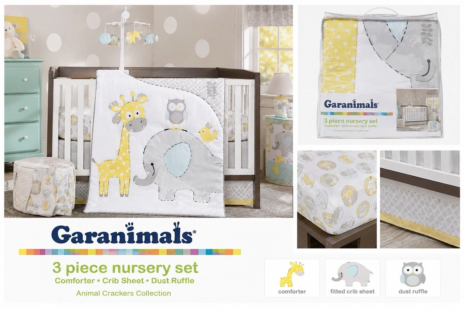 Garanimals elephant giraffe 3 Pc Crib Bedding Set Comforter Sheet Ruffle New NWT