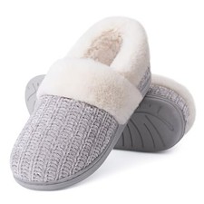 Women's Fuzzy Memory Foam Slippers, Closed Back Knit Bedroom 7-8 Grey