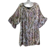 Bobeau Womens Olive Green Tropical Floral Smocked Neck Bell Sleeve Dress 2X